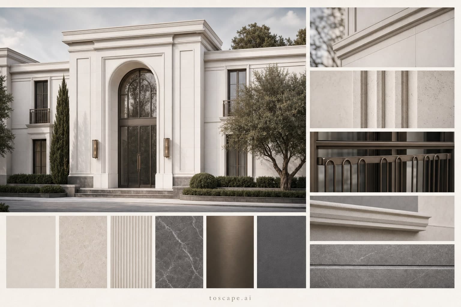 Refined Neo Classic White Villa exterior moodboard plate
