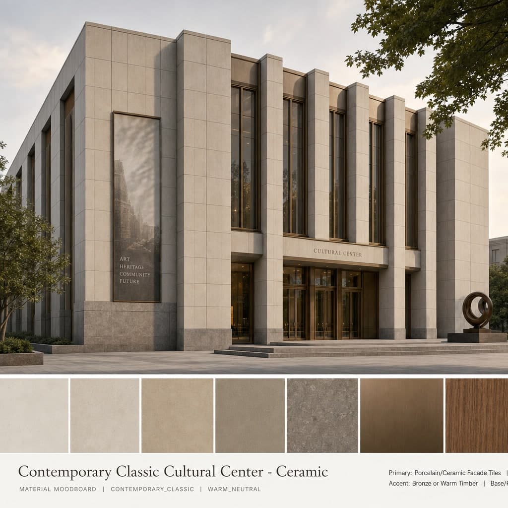 Contemporary Classic Cultural Center — Ceramic exterior moodboard card