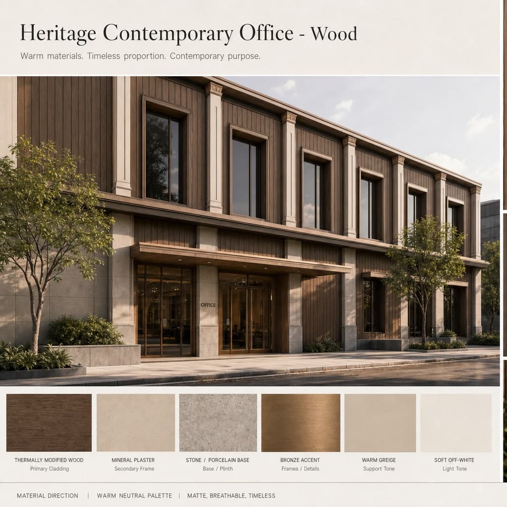 Heritage Contemporary Office — Wood exterior moodboard card