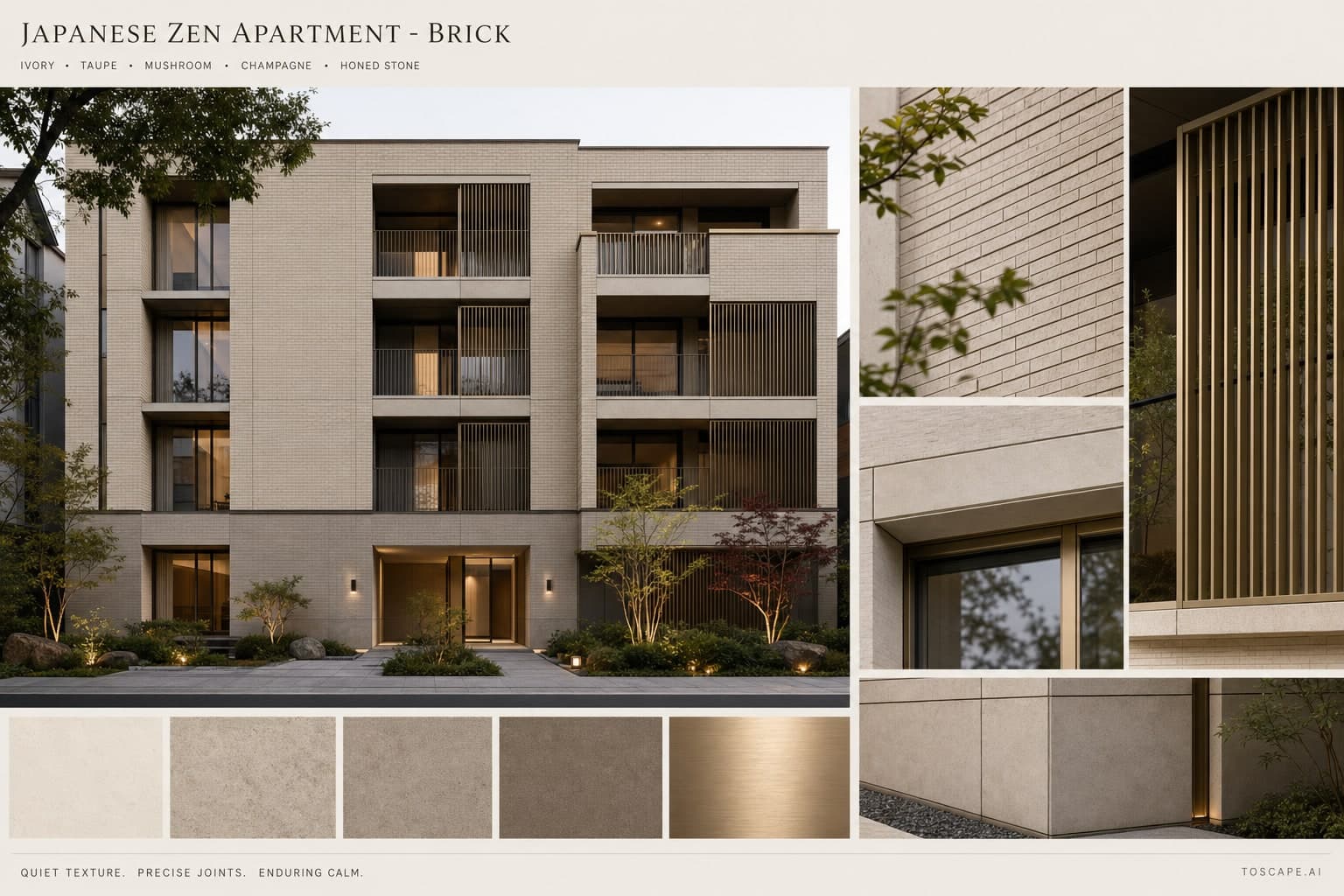 Japanese Zen Apartment — Brick exterior moodboard plate