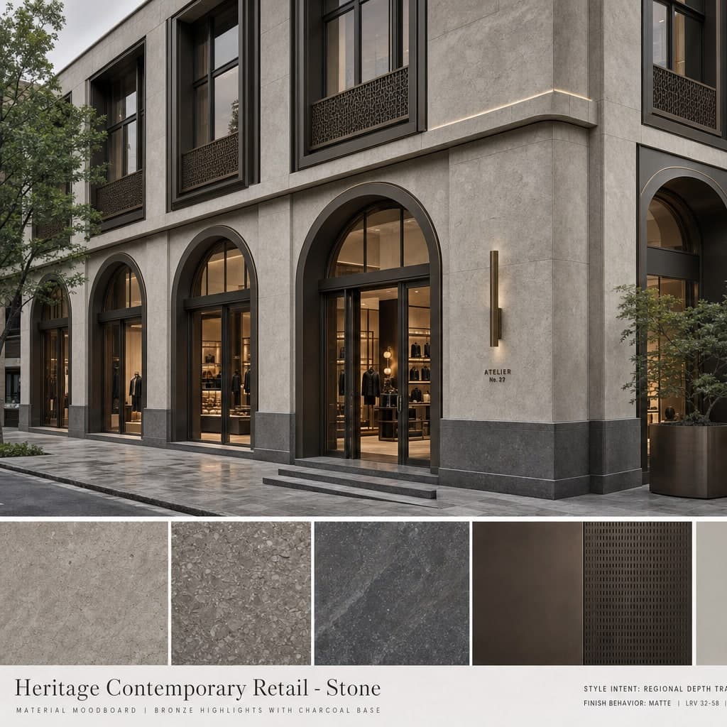 Heritage Contemporary Retail — Stone exterior moodboard card
