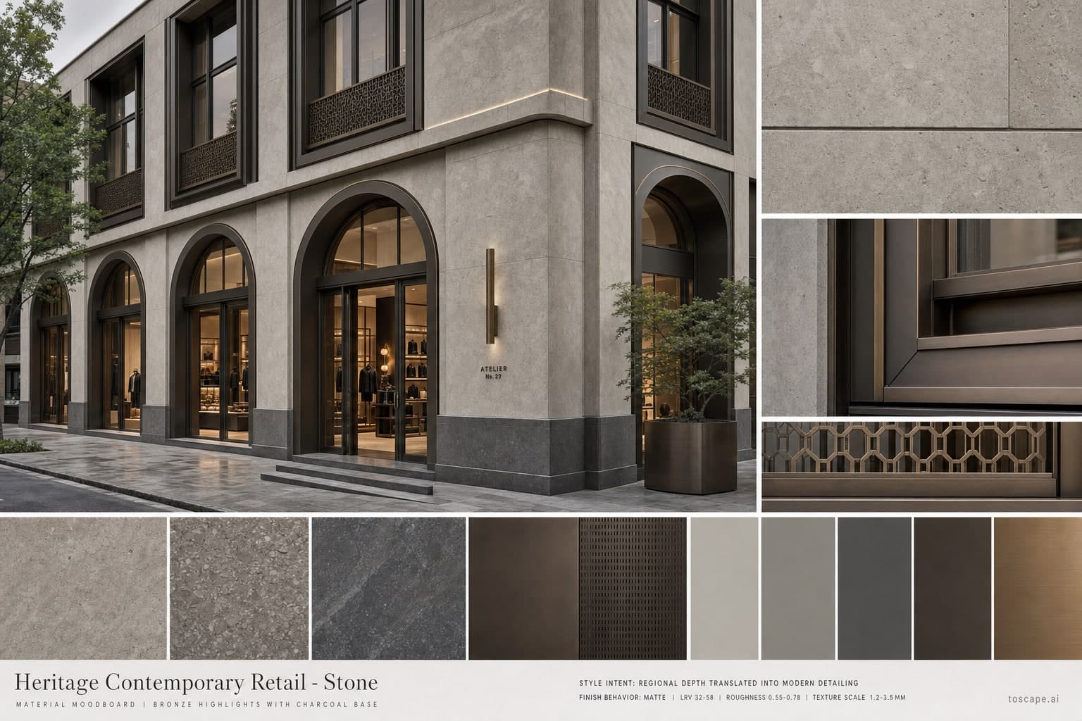 Heritage Contemporary Retail — Stone exterior moodboard plate