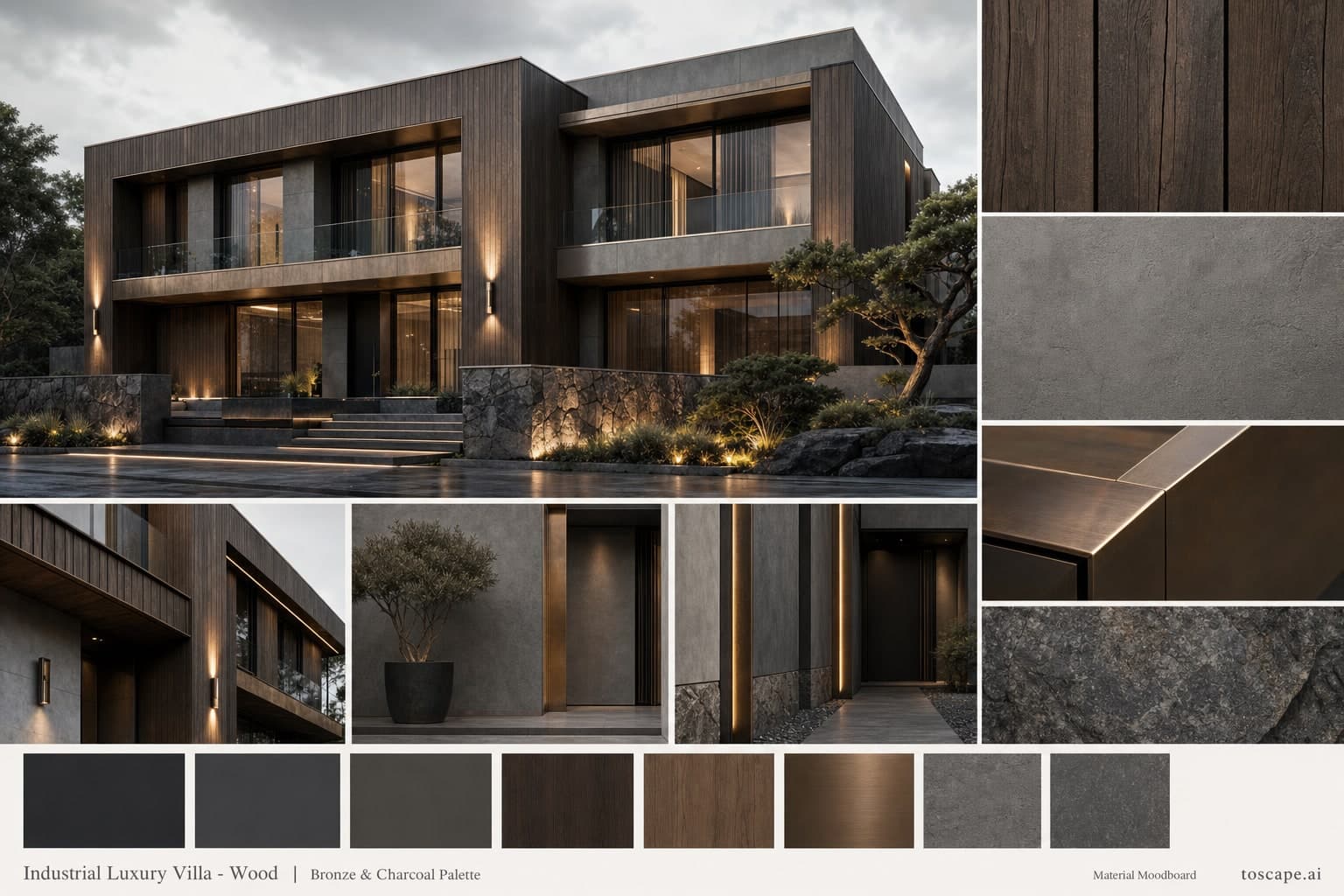 Industrial Luxury Villa — Wood exterior moodboard plate