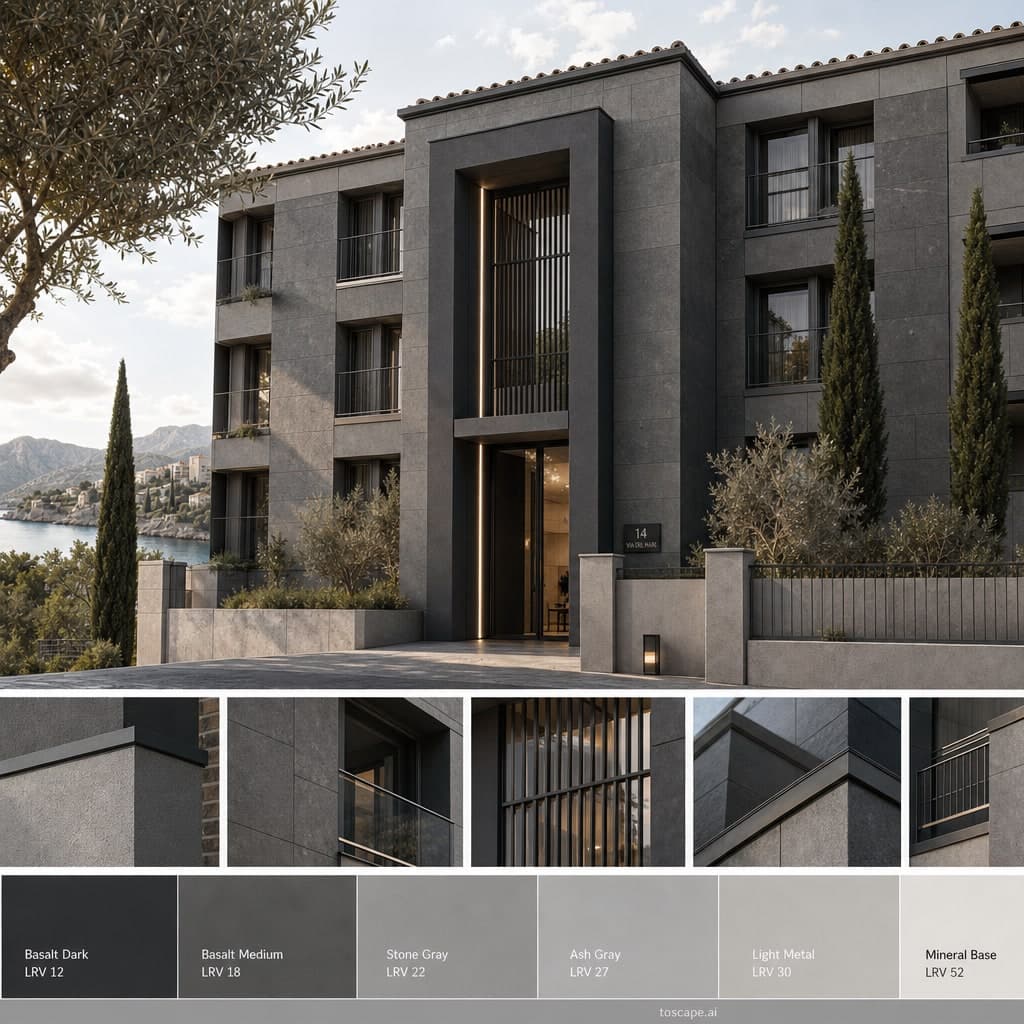 Mediterranean Apartment — Basalt Dark exterior moodboard card