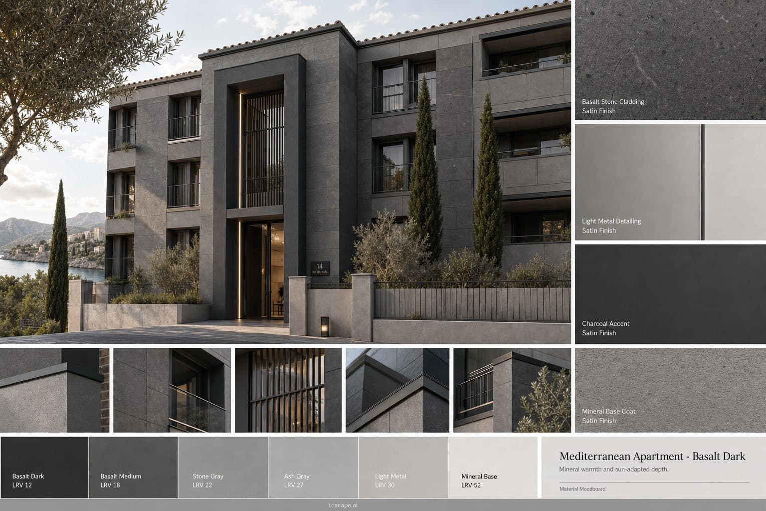 Mediterranean Apartment — Basalt Dark exterior moodboard plate