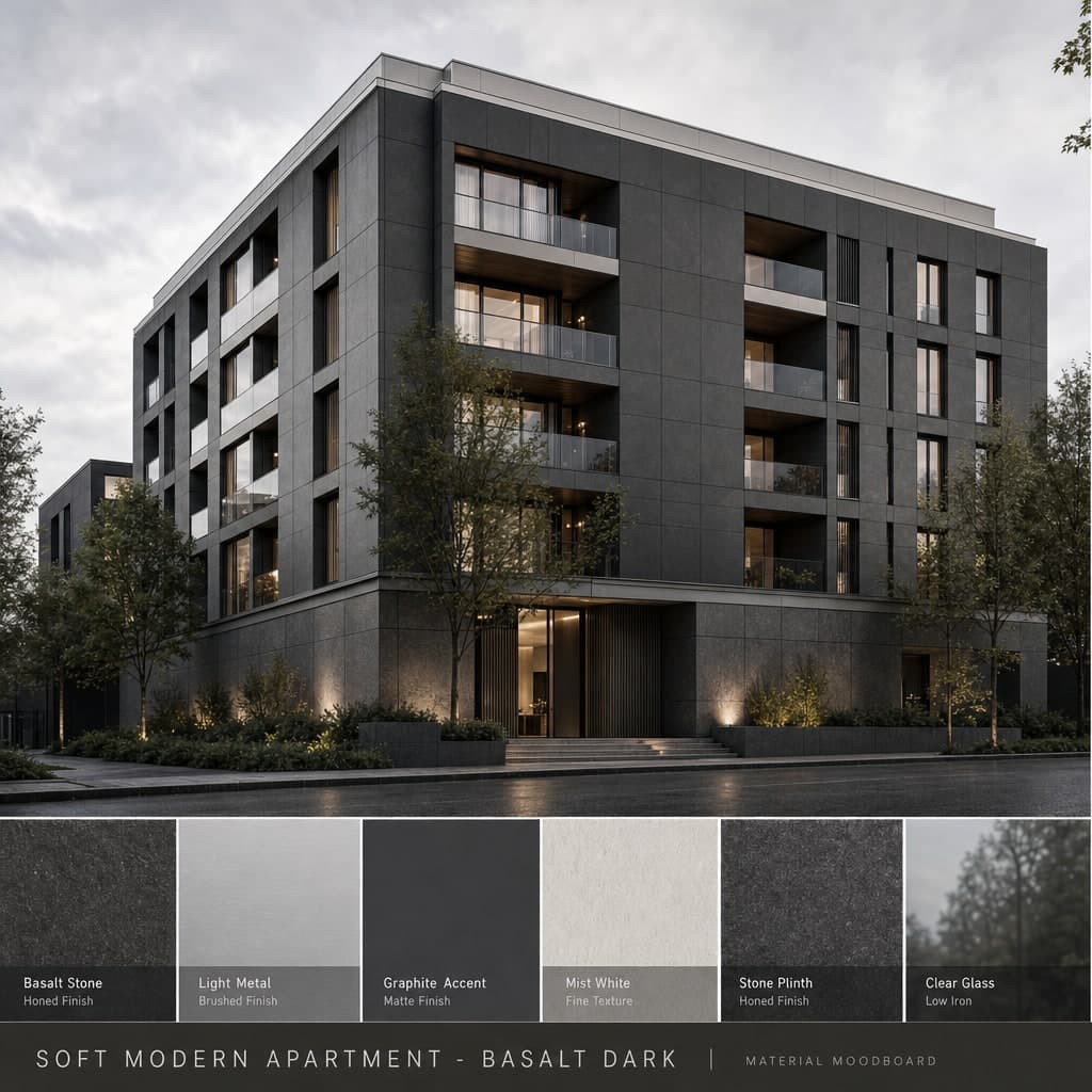 Soft Modern Apartment — Basalt Dark exterior moodboard card