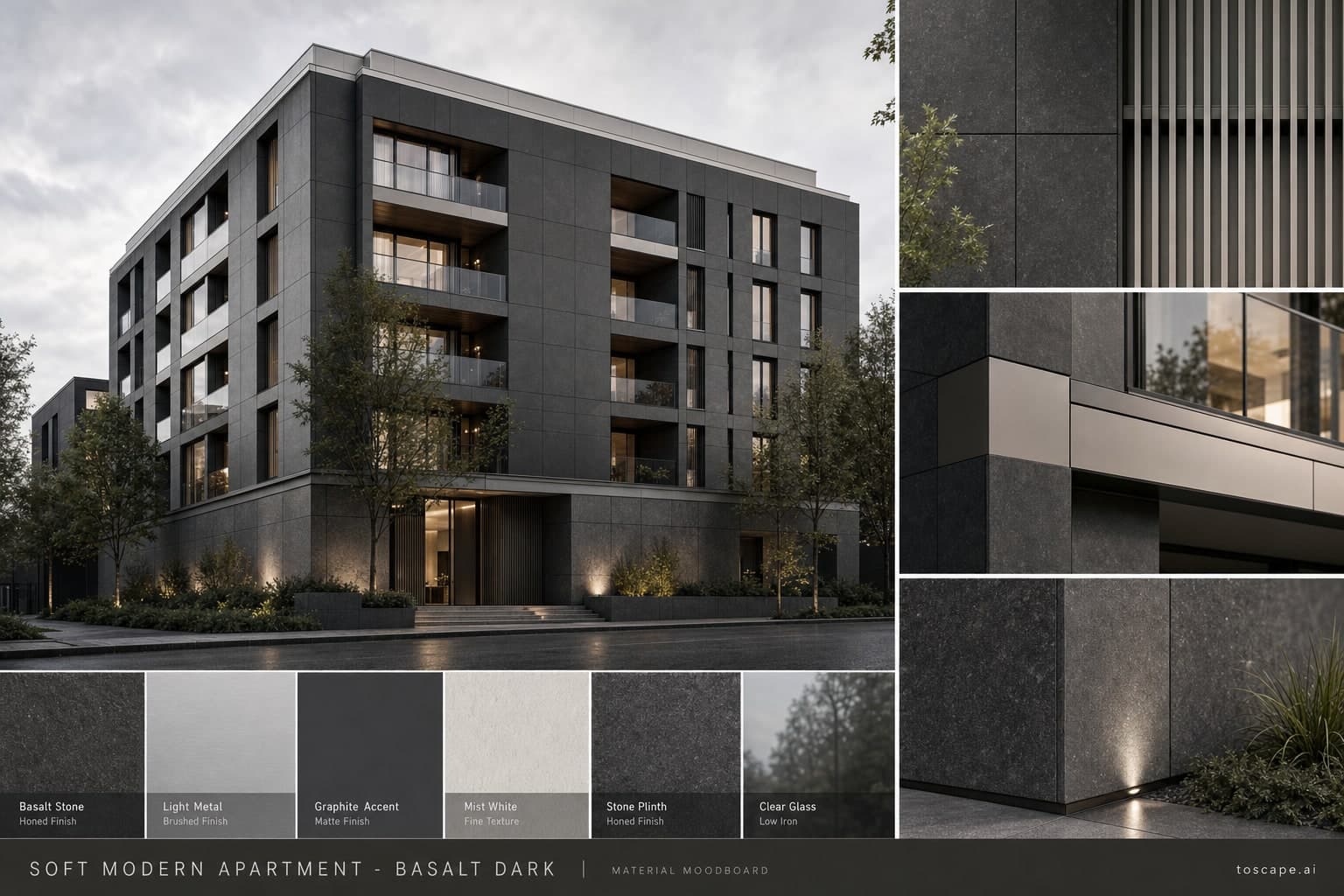 Soft Modern Apartment — Basalt Dark exterior moodboard plate