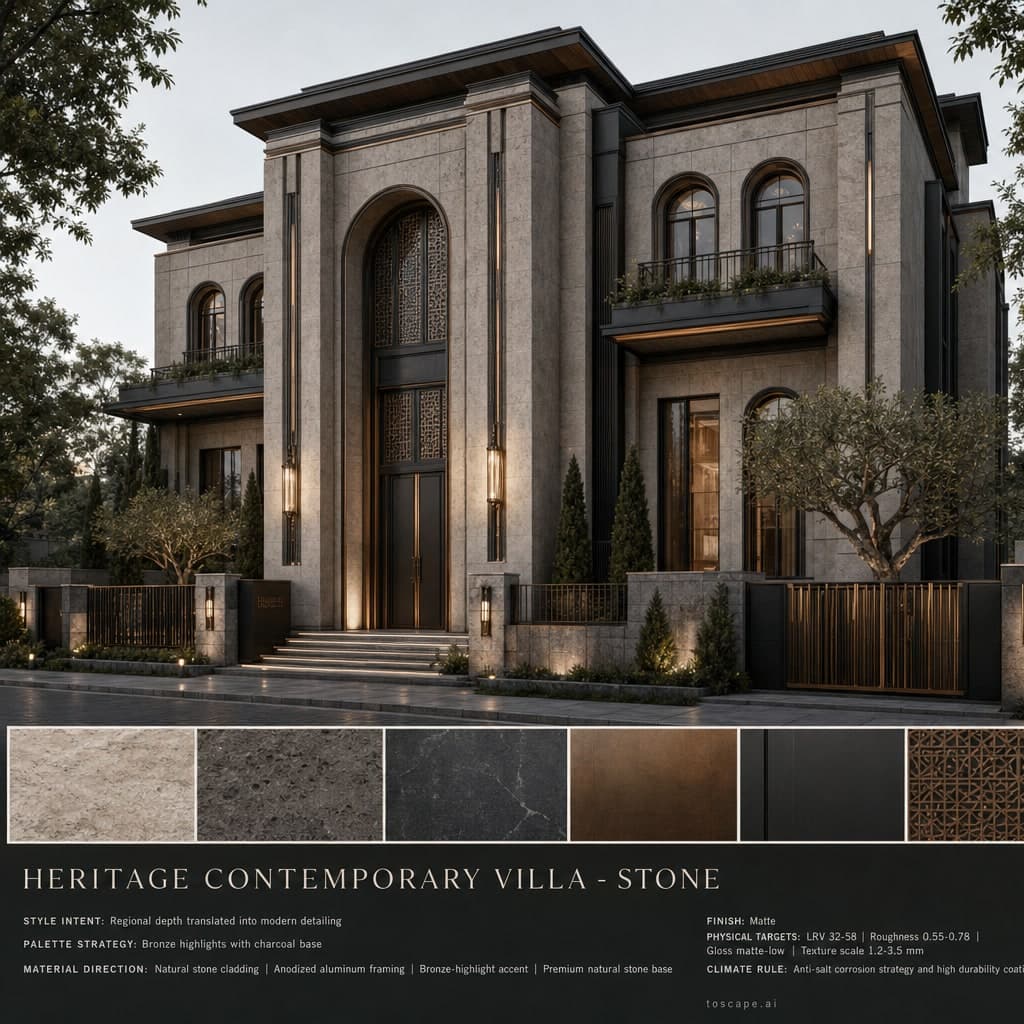 Heritage Contemporary Villa — Stone exterior moodboard card