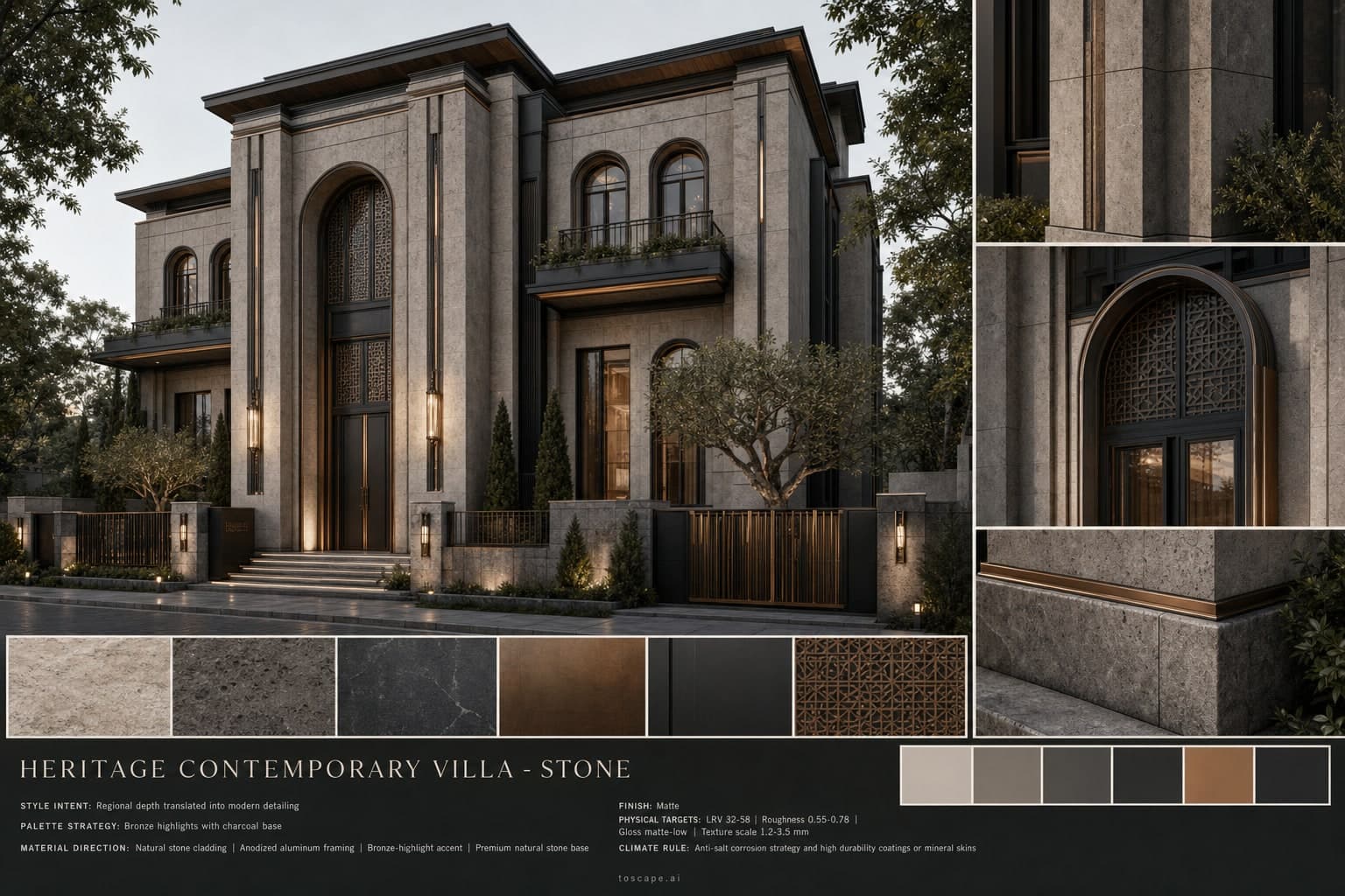 Heritage Contemporary Villa — Stone exterior moodboard plate