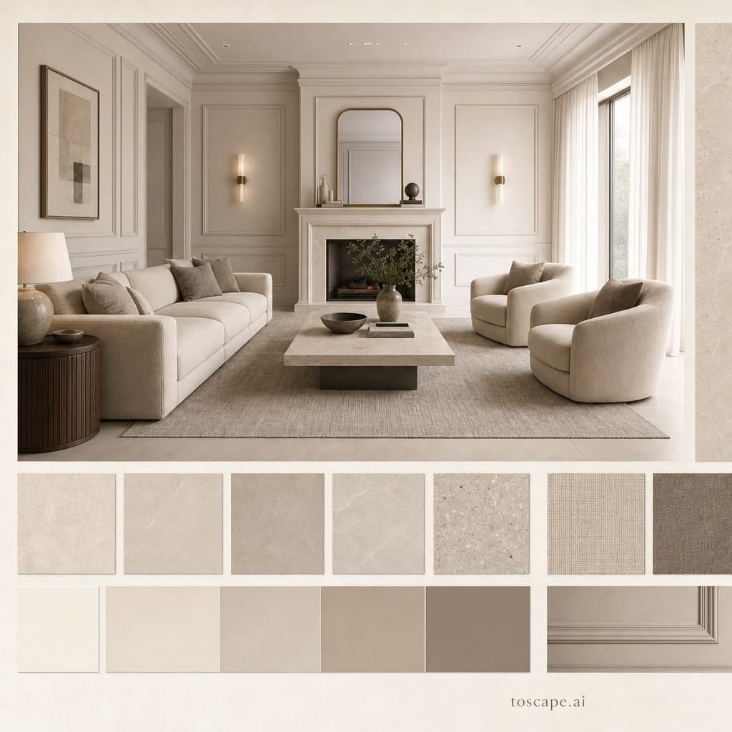 Neoclassic Warm Neutral Living Room — Brushed Metal interior moodboard card