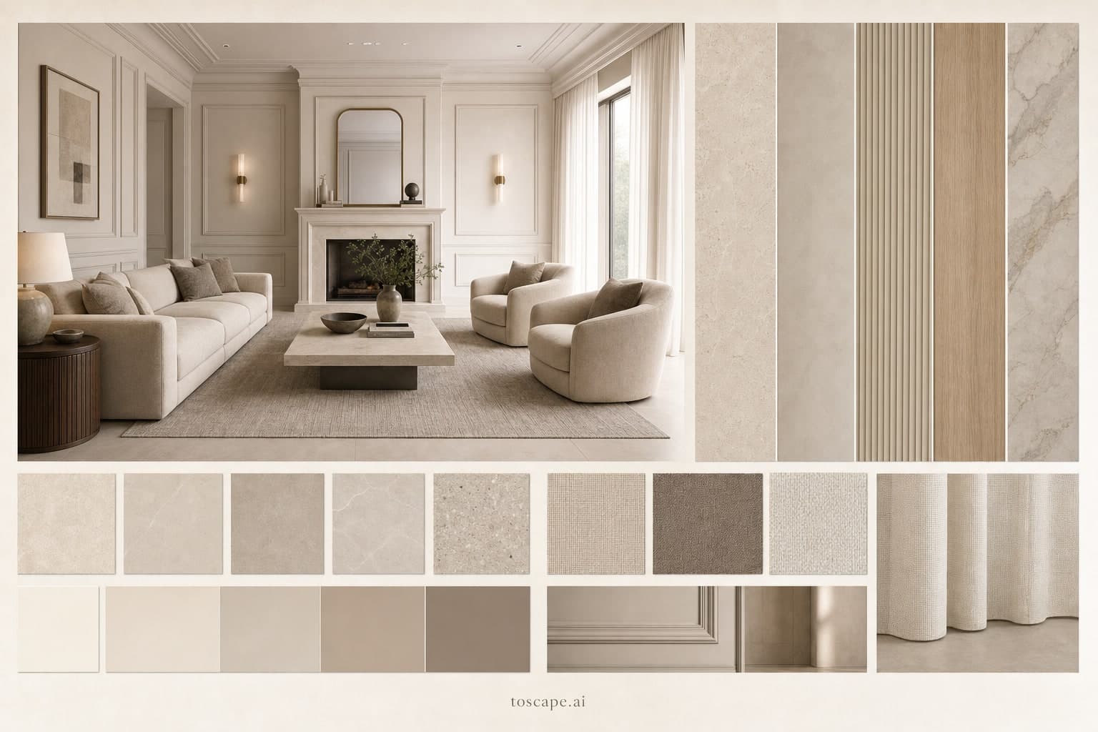 Neoclassic Warm Neutral Living Room — Brushed Metal interior moodboard plate