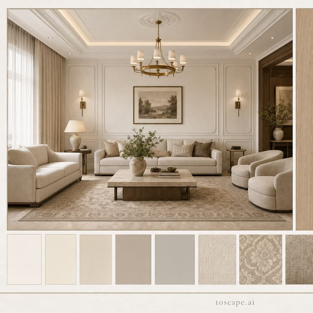 Neoclassic Light Luxury Living Room — Satin interior moodboard card