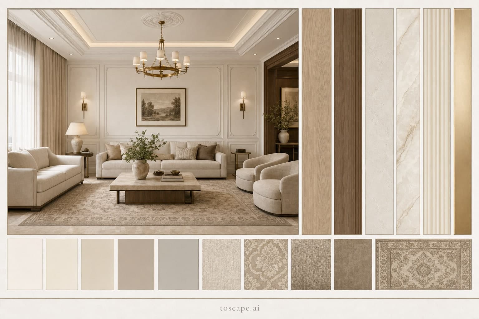 Neoclassic Light Luxury Living Room — Satin interior moodboard plate