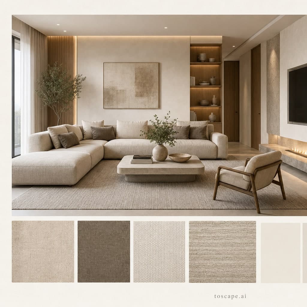 Modern Light Luxury Living Room — Matte interior moodboard card