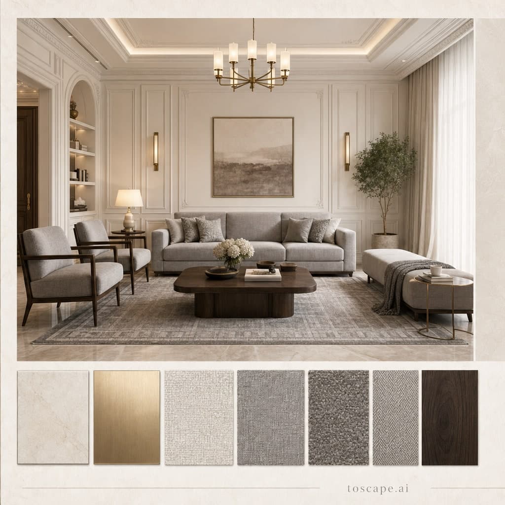 Neoclassic Light Luxury Living Room — Matte interior moodboard card