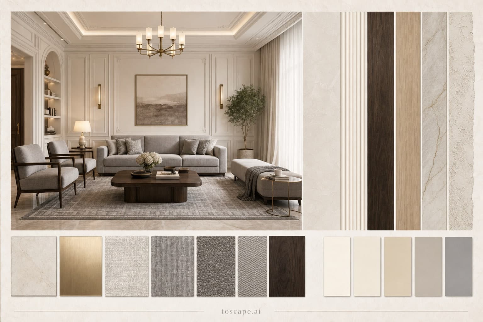 Neoclassic Light Luxury Living Room — Matte interior moodboard plate
