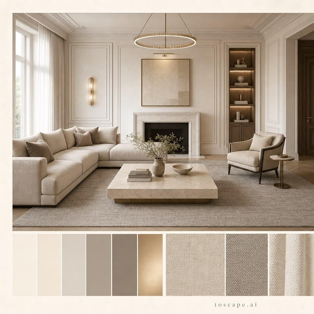 Neoclassic Light Luxury Living Room — Brushed Metal interior moodboard card