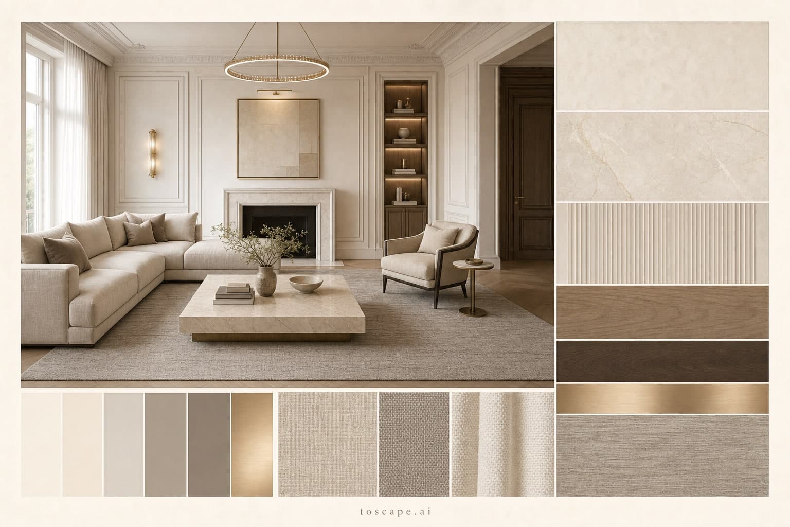 Neoclassic Light Luxury Living Room — Brushed Metal interior moodboard plate