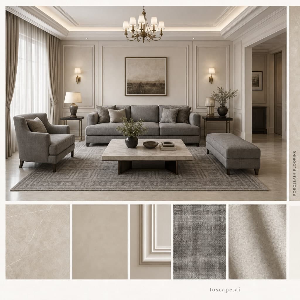 Neoclassic Warm Neutral Living Room — Matte interior moodboard card