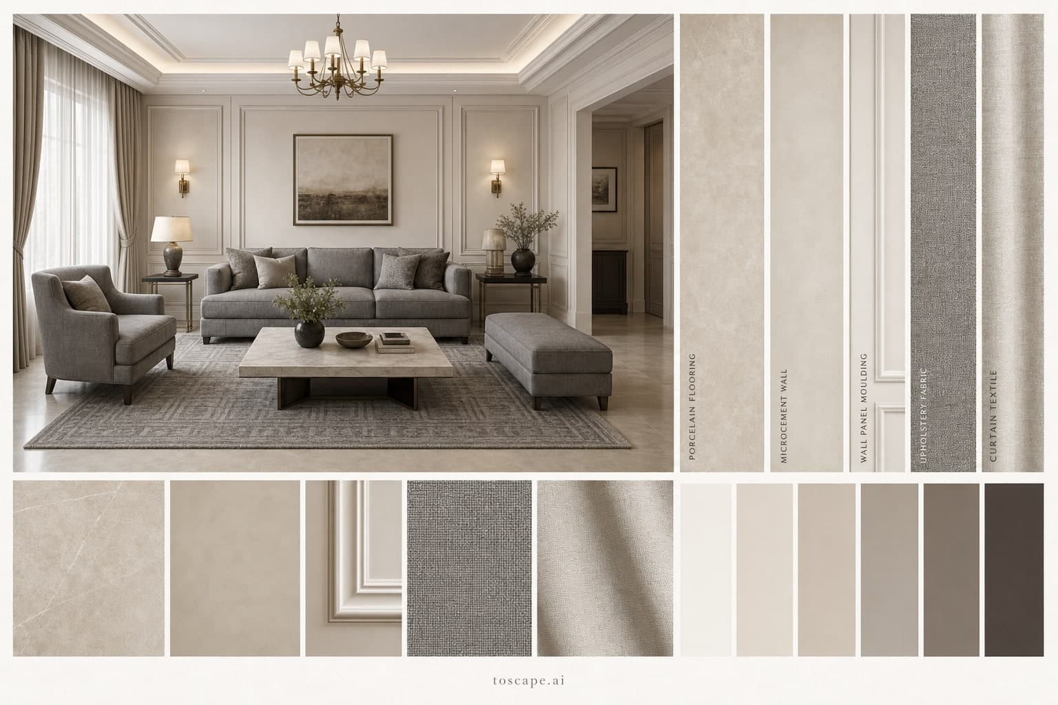 Neoclassic Warm Neutral Living Room — Matte interior moodboard plate