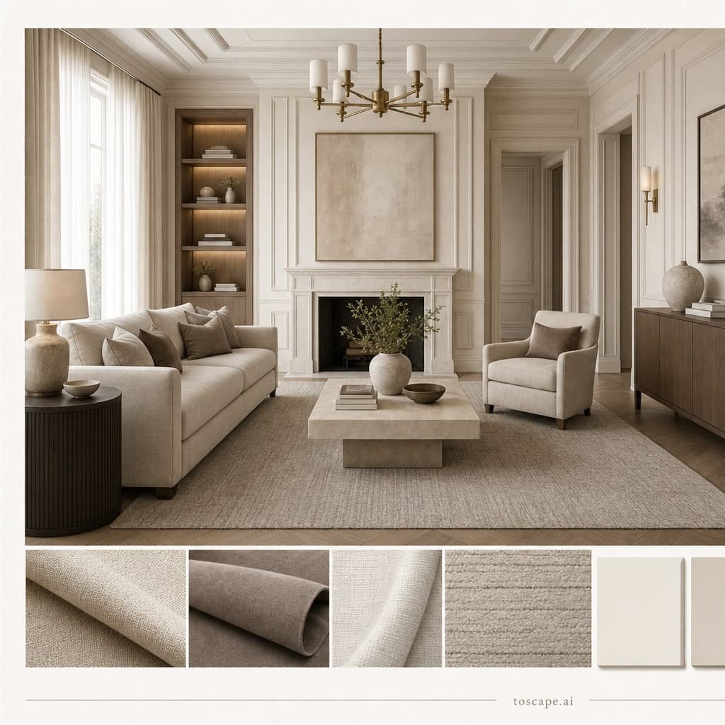 Neoclassic Light Luxury Living Room — Brushed Metal interior moodboard card