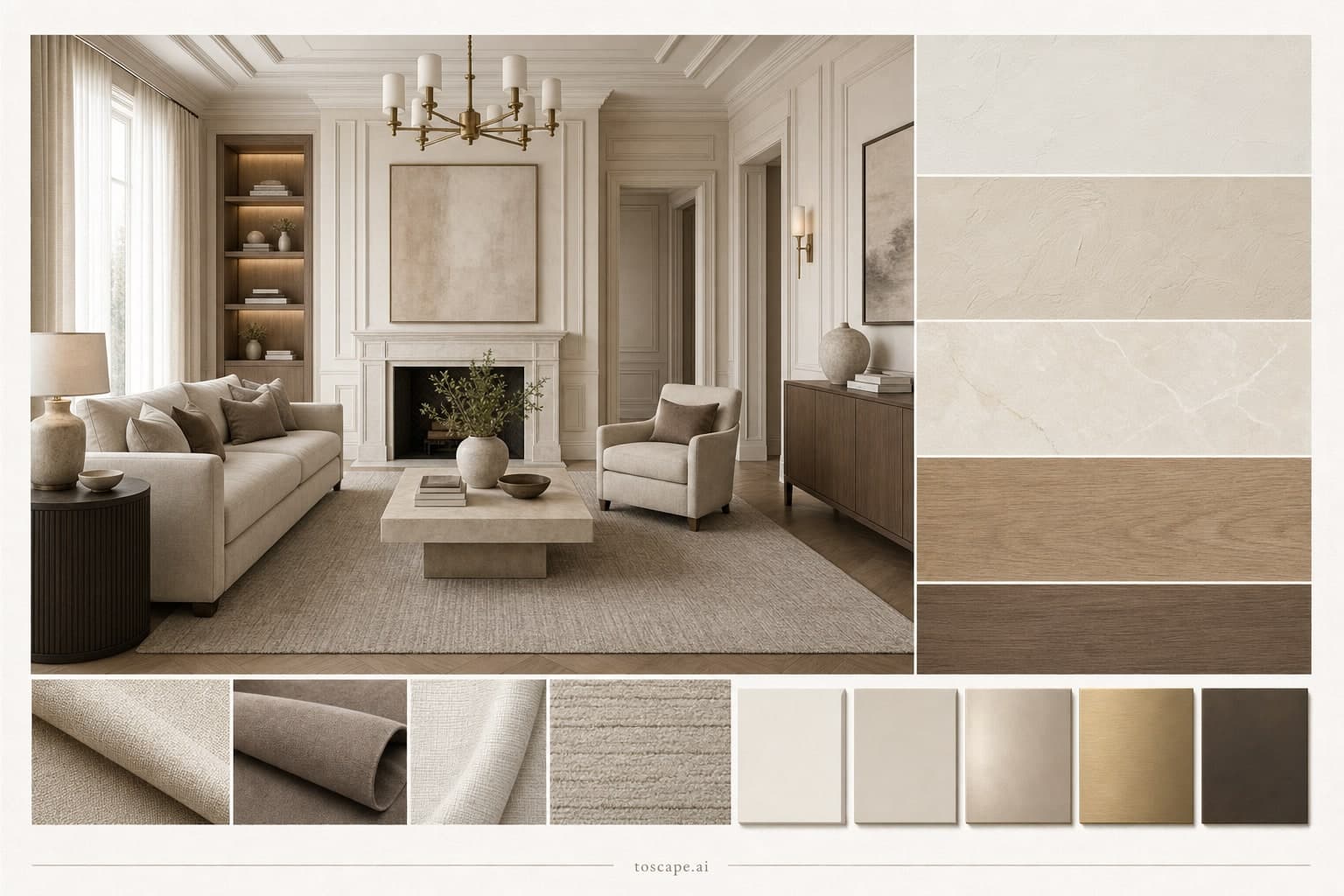 Neoclassic Light Luxury Living Room — Brushed Metal interior moodboard plate