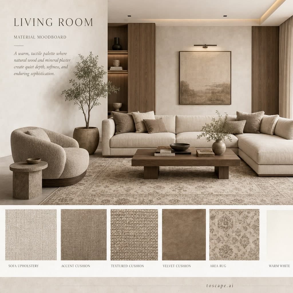 Modern Warm Neutral Living Room — Honed Stone interior moodboard card