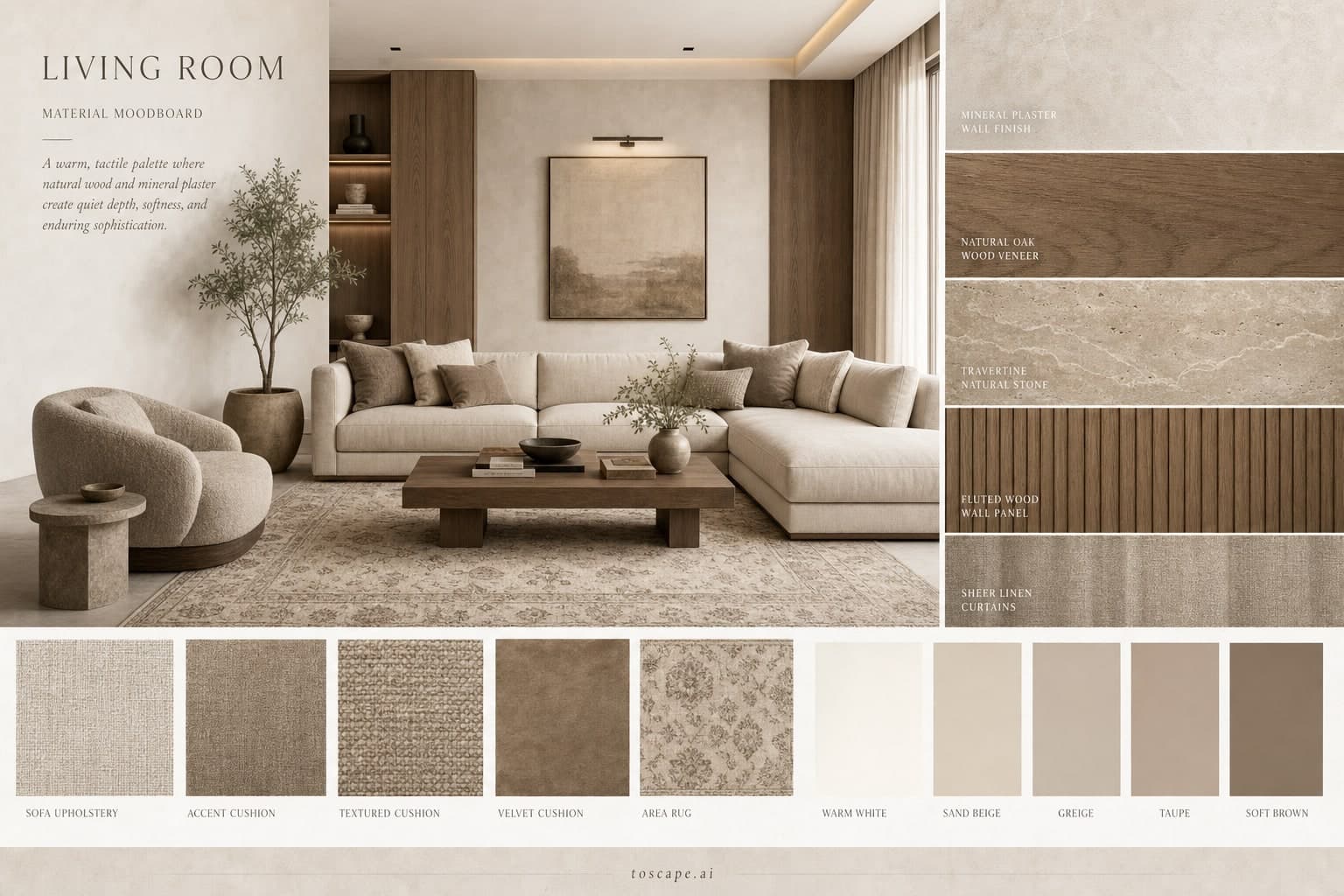 Modern Warm Neutral Living Room — Honed Stone interior moodboard plate