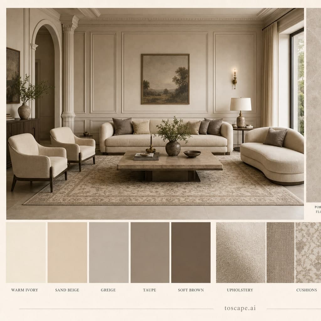 Neoclassic Warm Neutral Living Room — Satin interior moodboard card