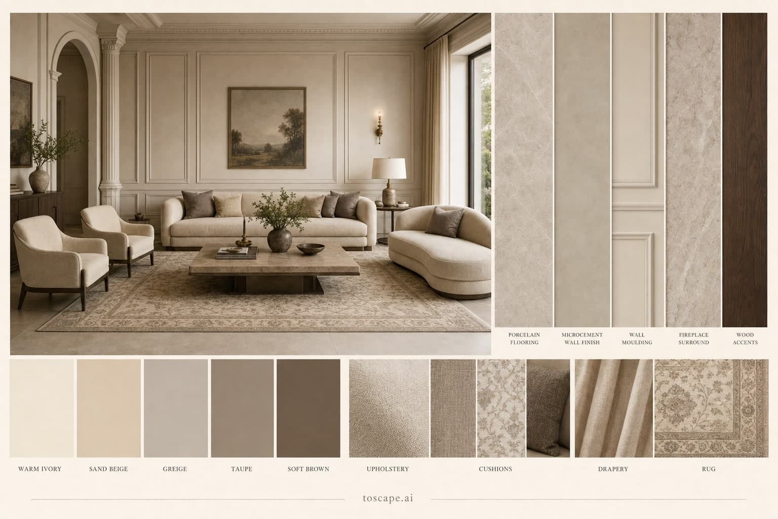 Neoclassic Warm Neutral Living Room — Satin interior moodboard plate