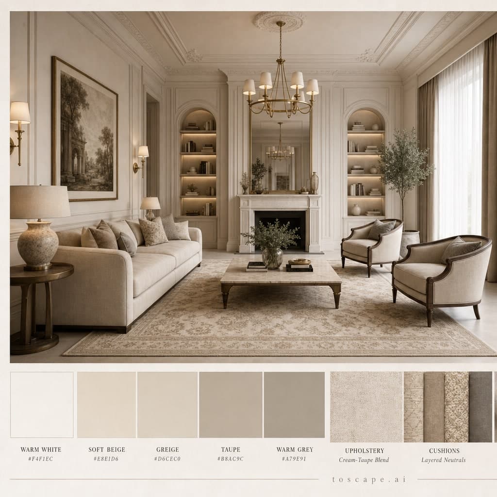 Neoclassic Warm Neutral Living Room — Satin interior moodboard card