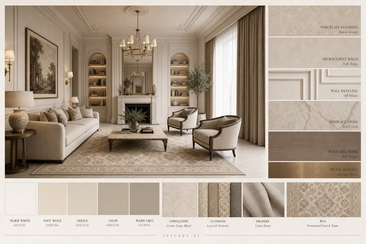 Neoclassic Warm Neutral Living Room — Satin interior moodboard plate