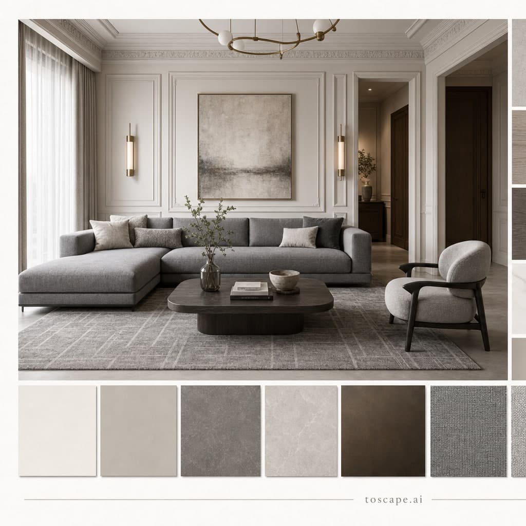Neoclassic Cool Neutral Living Room — Matte interior moodboard card