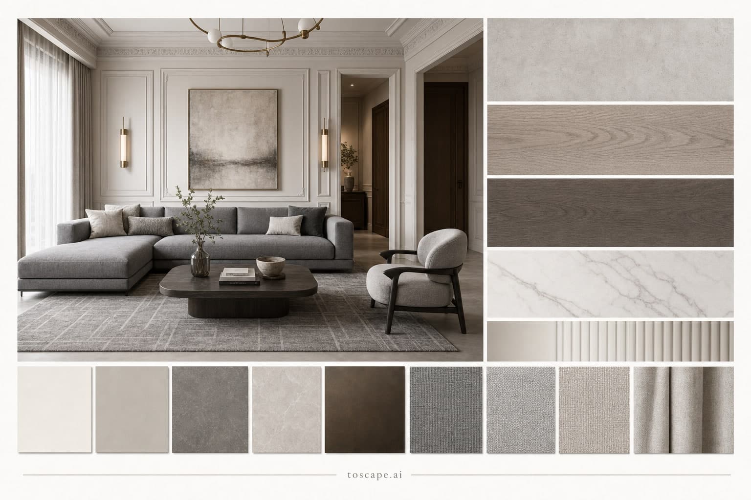 Neoclassic Cool Neutral Living Room — Matte interior moodboard plate