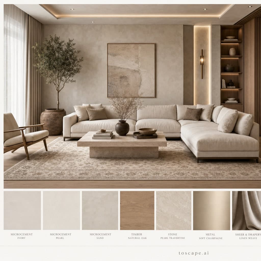 Modern Light Luxury Living Room — Honed Stone interior moodboard card