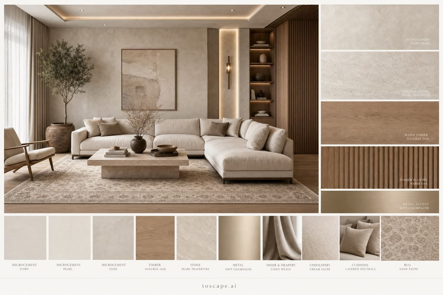 Modern Light Luxury Living Room — Honed Stone interior moodboard plate