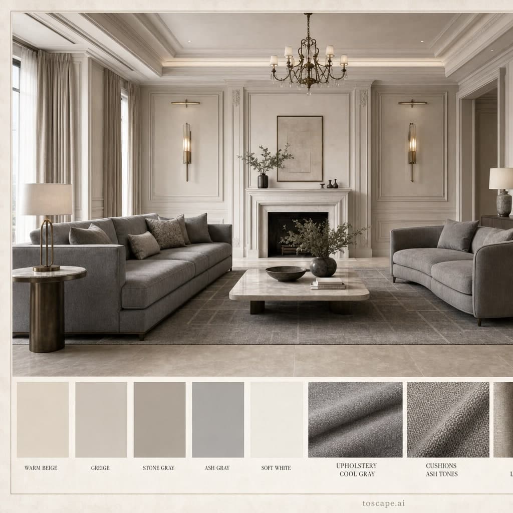 Neoclassic Warm Neutral Living Room — Matte interior moodboard card