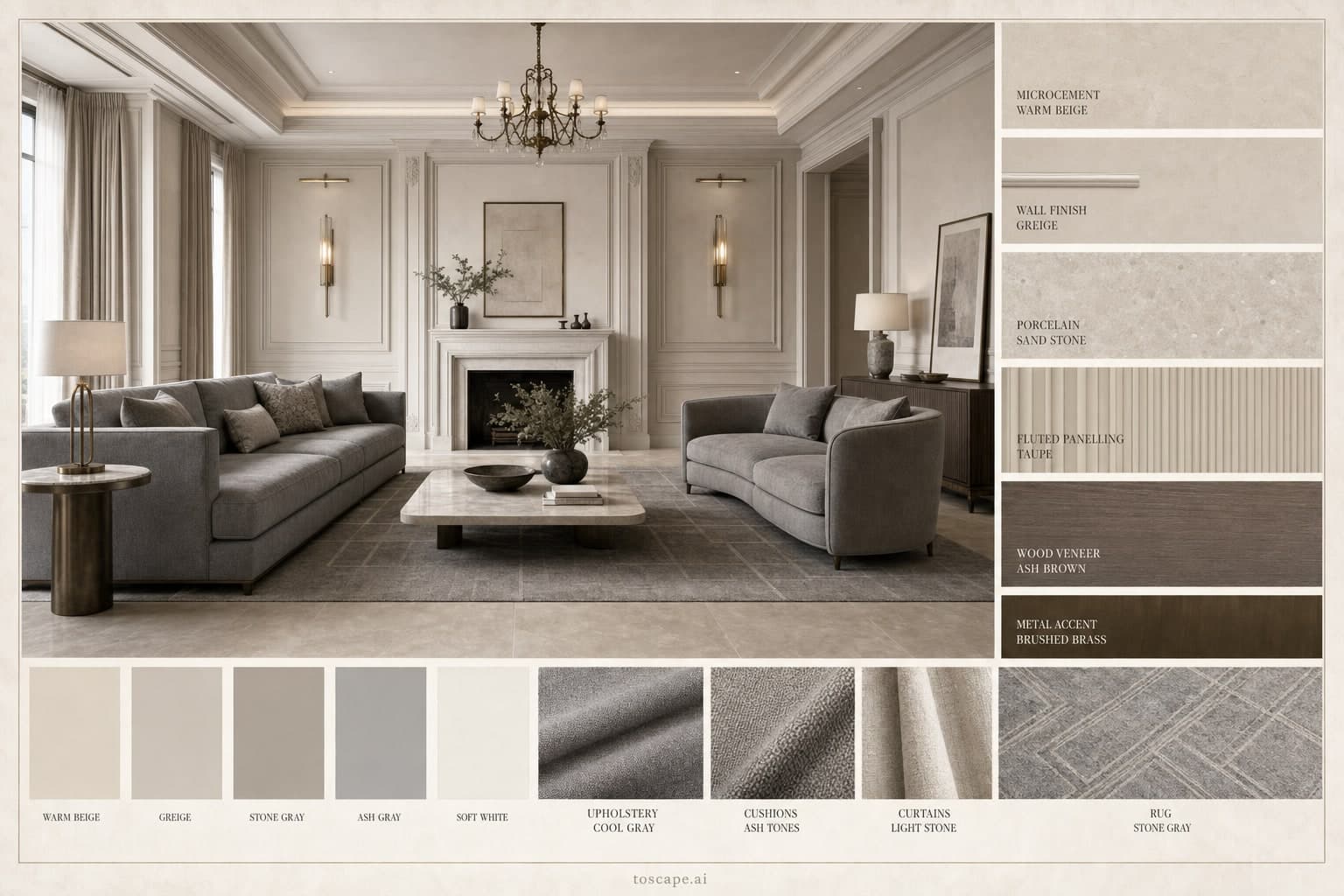 Neoclassic Warm Neutral Living Room — Matte interior moodboard plate