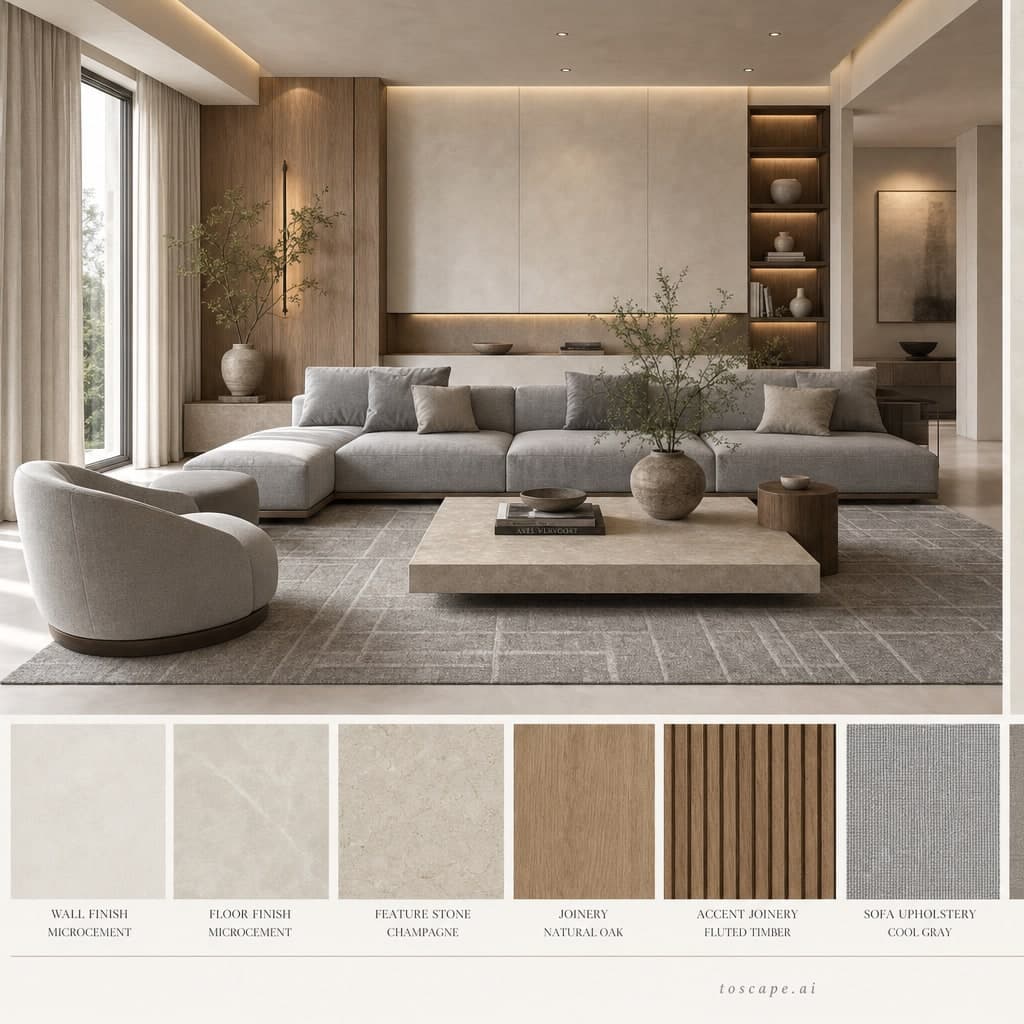 Modern Light Luxury Living Room — Satin interior moodboard card