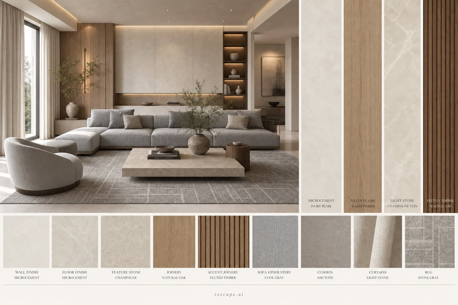 Modern Light Luxury Living Room — Satin interior moodboard plate