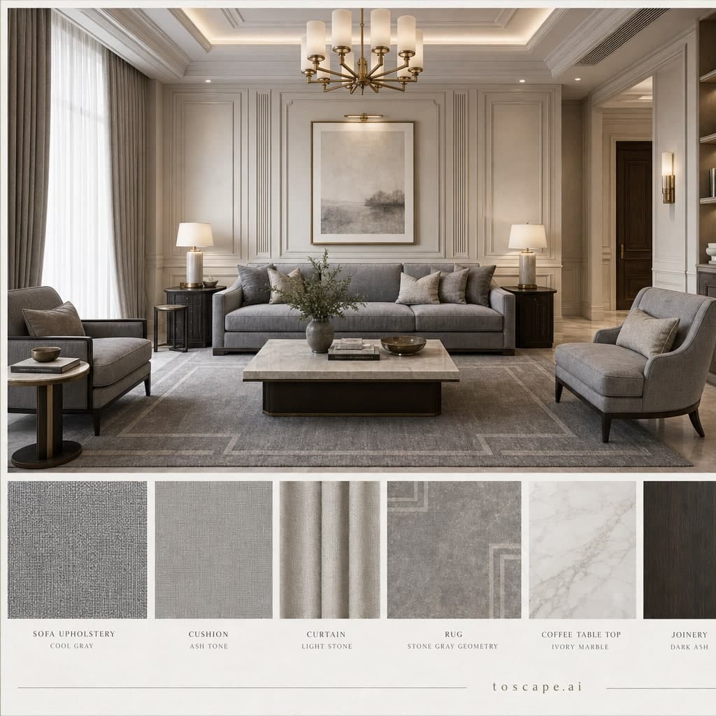 Neoclassic Light Luxury Living Room — Matte interior moodboard card