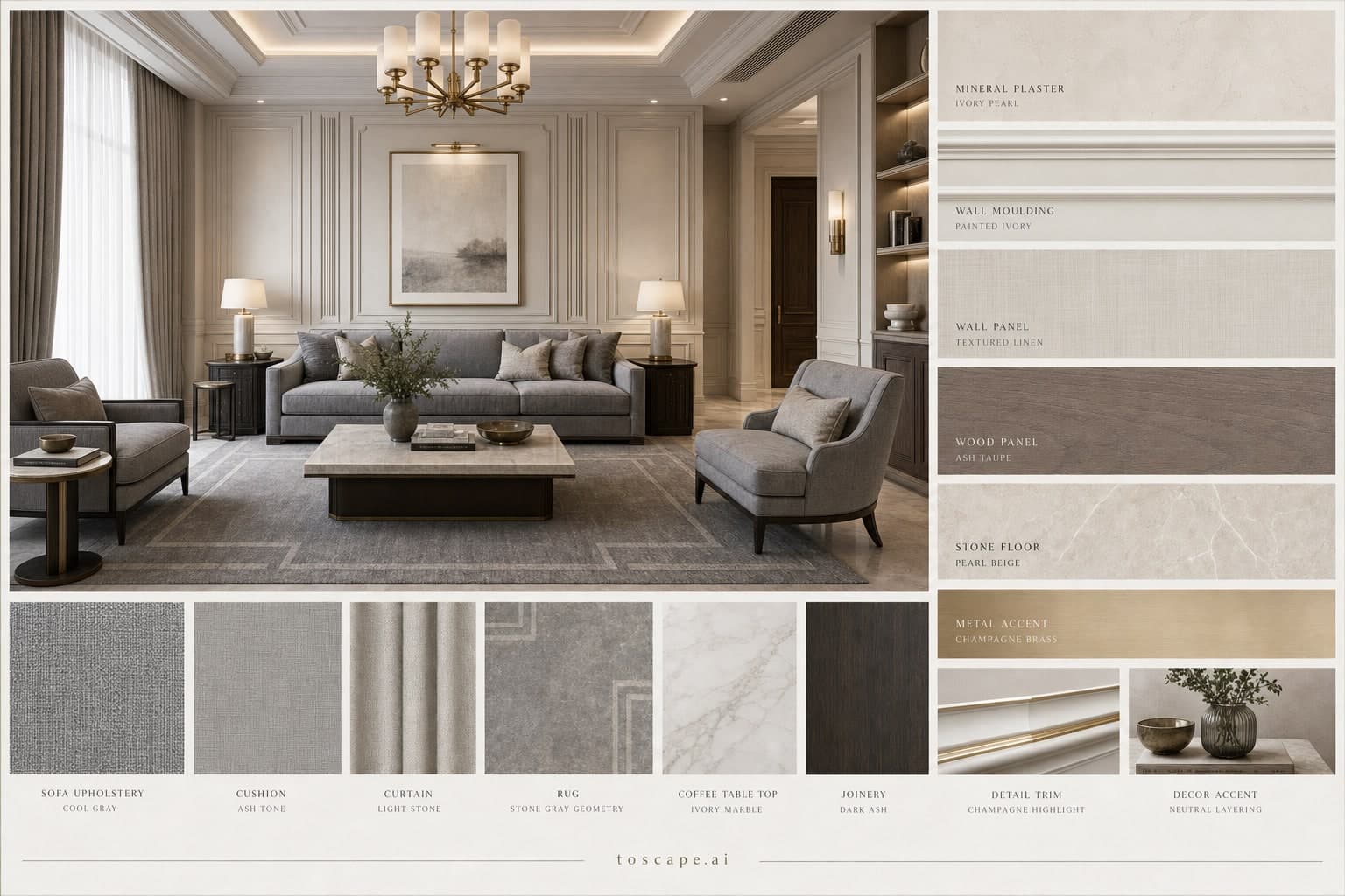 Neoclassic Light Luxury Living Room — Matte interior moodboard plate
