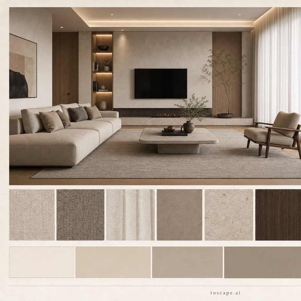 Modern Warm Neutral Living Room — Matte interior moodboard card