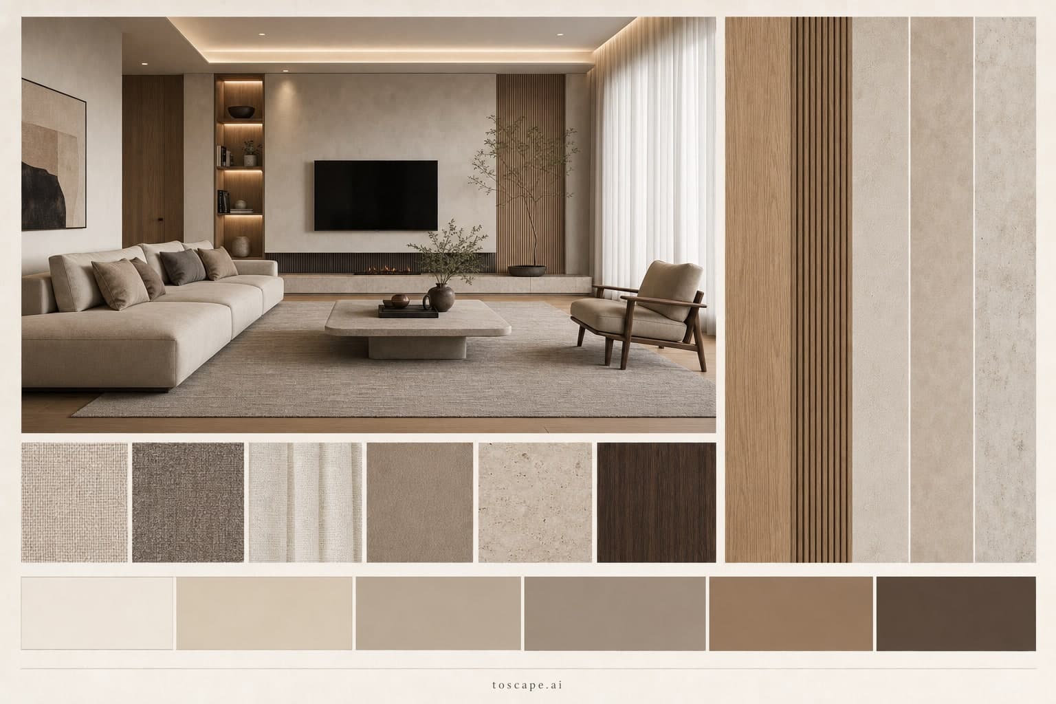 Modern Warm Neutral Living Room — Matte interior moodboard plate