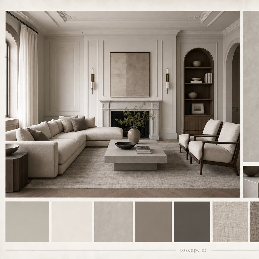 Neoclassic Cool Neutral Living Room — Brushed Metal interior moodboard card