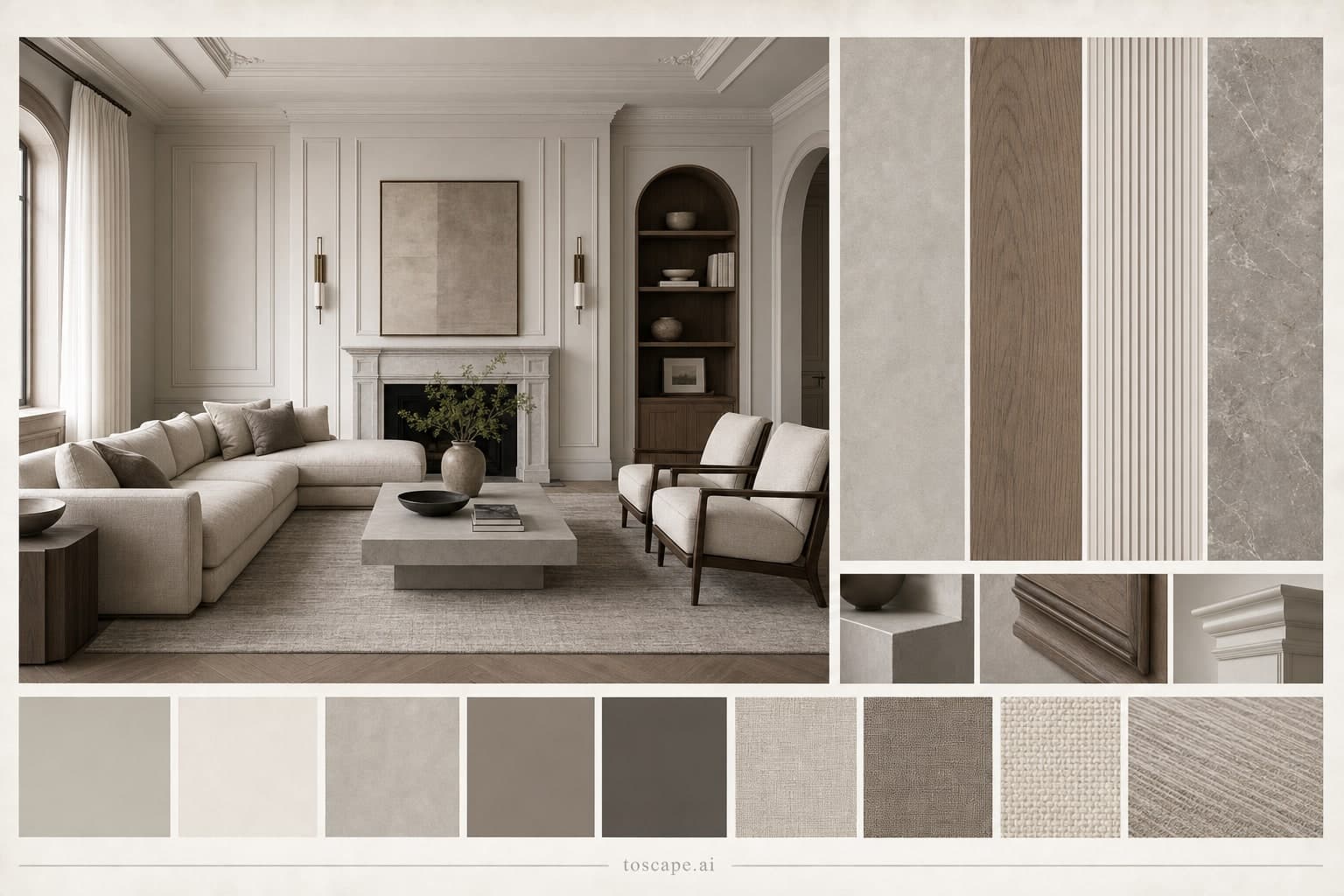 Neoclassic Cool Neutral Living Room — Brushed Metal interior moodboard plate