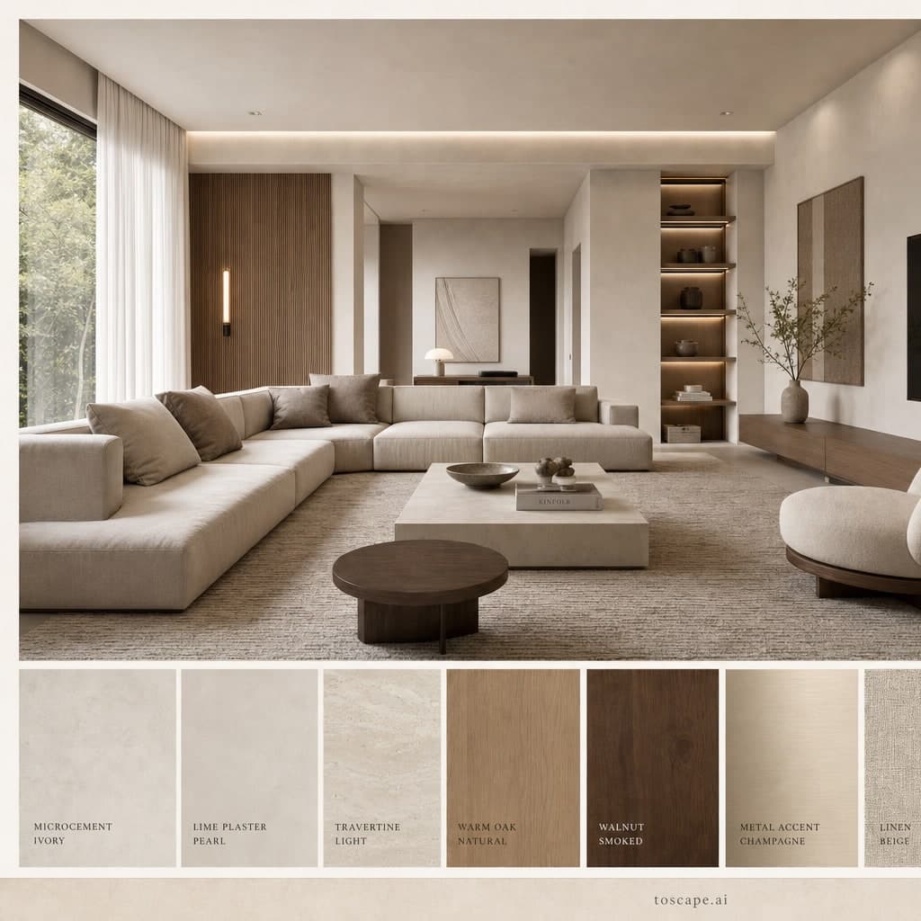 Modern Light Luxury Living Room — Matte interior moodboard card