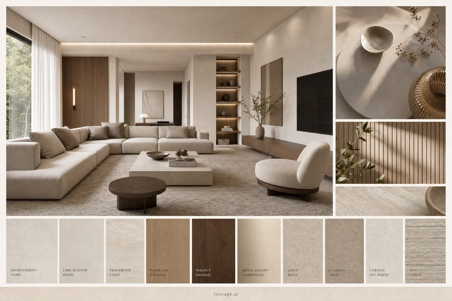 Modern Light Luxury Living Room — Matte interior moodboard plate