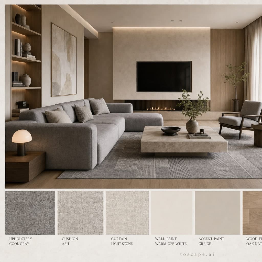 Modern Warm Neutral Living Room — Satin interior moodboard card