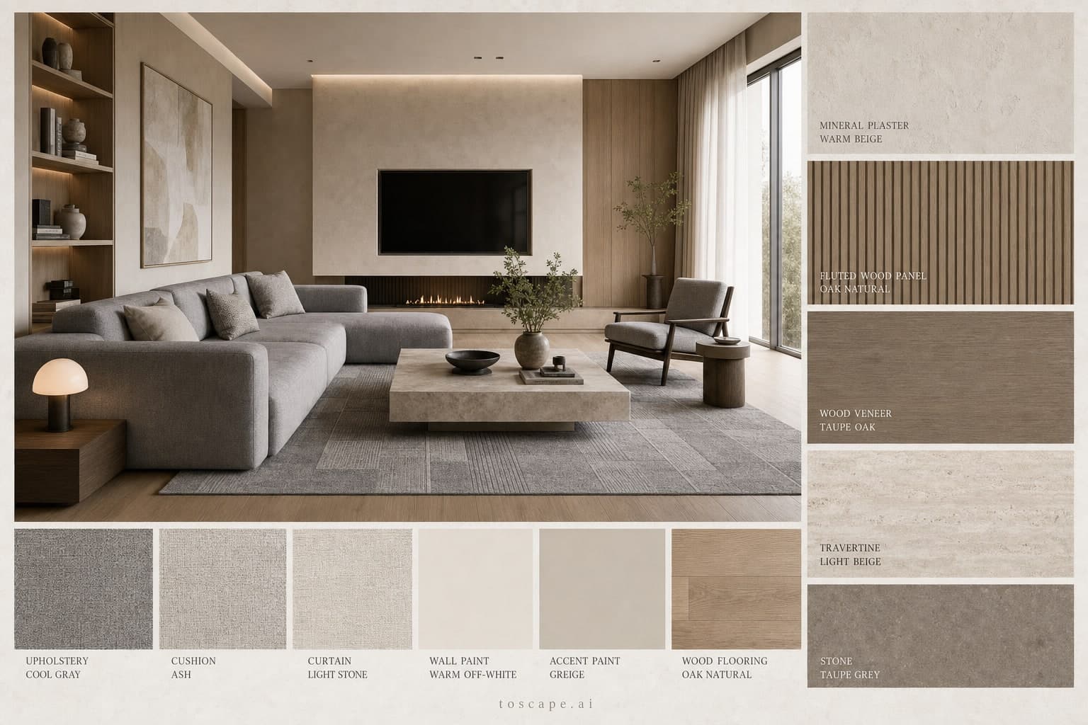 Modern Warm Neutral Living Room — Satin interior moodboard plate